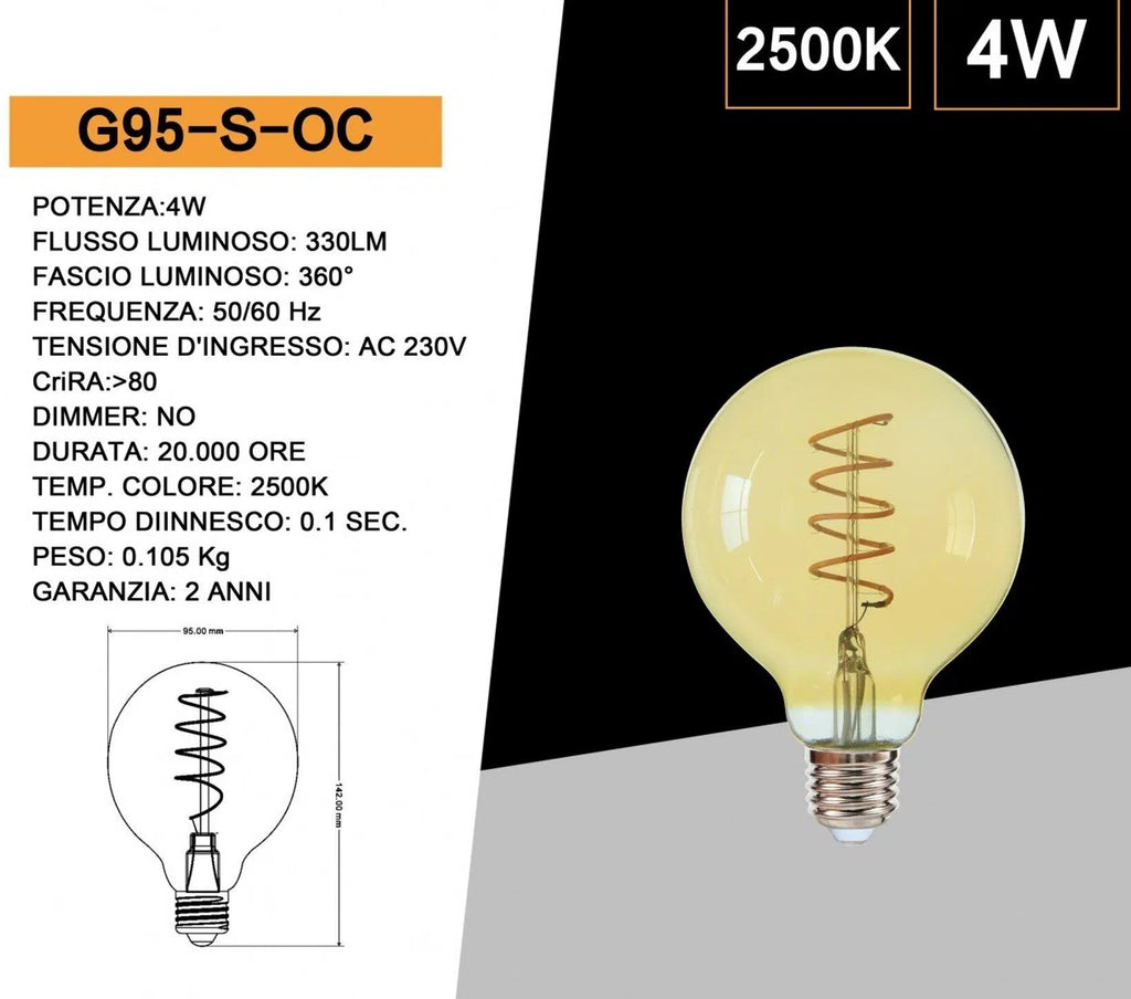 Lampadina LED E27 Universo G95-S-OC – 4W, Globo G95 a Filamento, Vetro Ambrato, Luce Calda 2500K