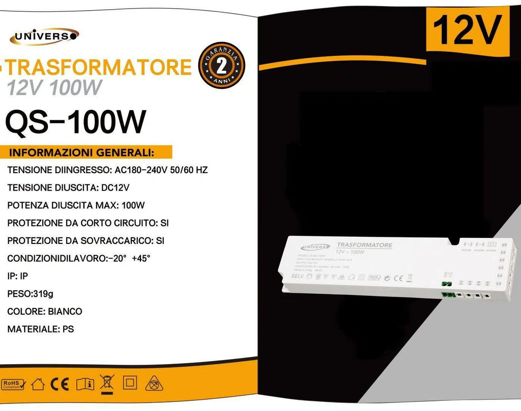 Alimentatore switching DC 12V 100W 8.33A con 11 uscite e 3 ingressi sensore per strip LED, ideale per impianti di illuminazione LED e applicazioni professionali e domestiche