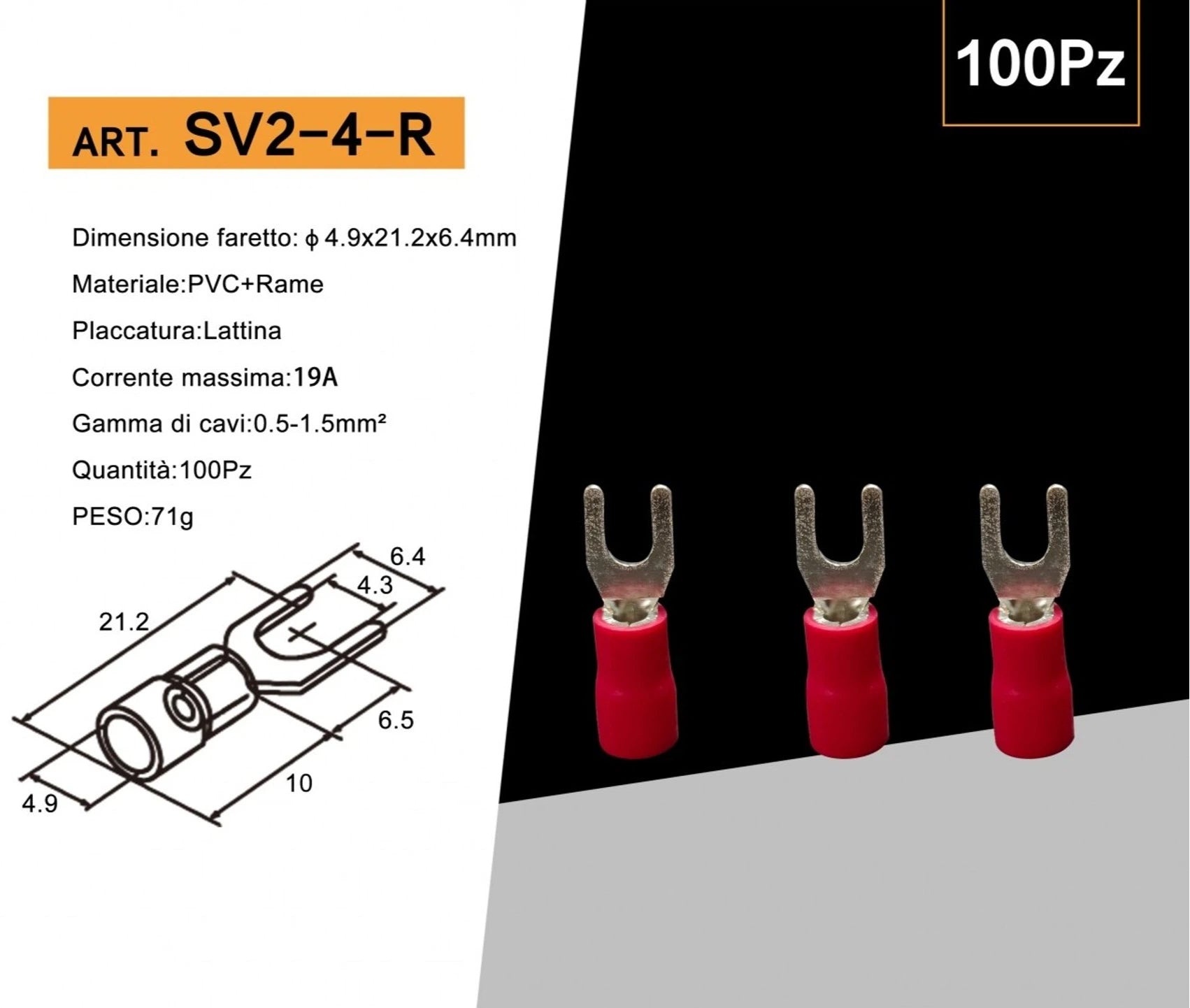 Confezione da 100 pezzi – Capicorda terminale a forcella isolato, a crimpare per cavi da 1,5 mm² a 2,5 mm², misura M4