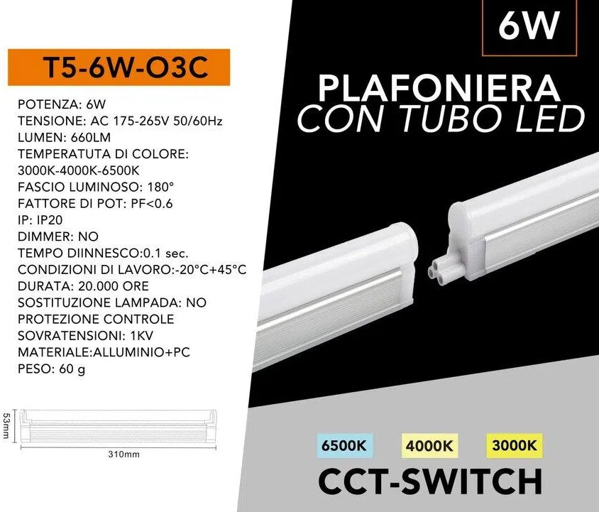 Universo T5-6W-3C-M Tubo Neon LED SMD Plafoniera T5 Raccordabile 30cm 6W 660lm con Switch CCT per Selezione Luce 3000K-4000K-6500K