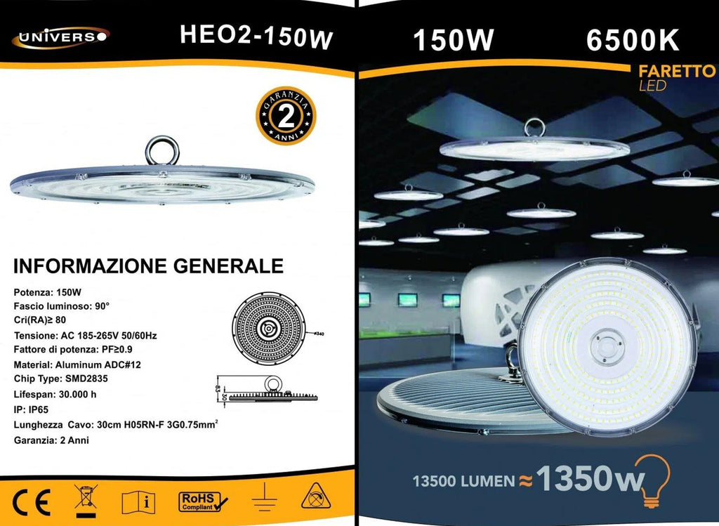 Campana LED UFO Lampada Industriale a Sospensione Ultra Slim 150W – da Esterno, IP65, 13.500 Lumen, Driver Incorporato