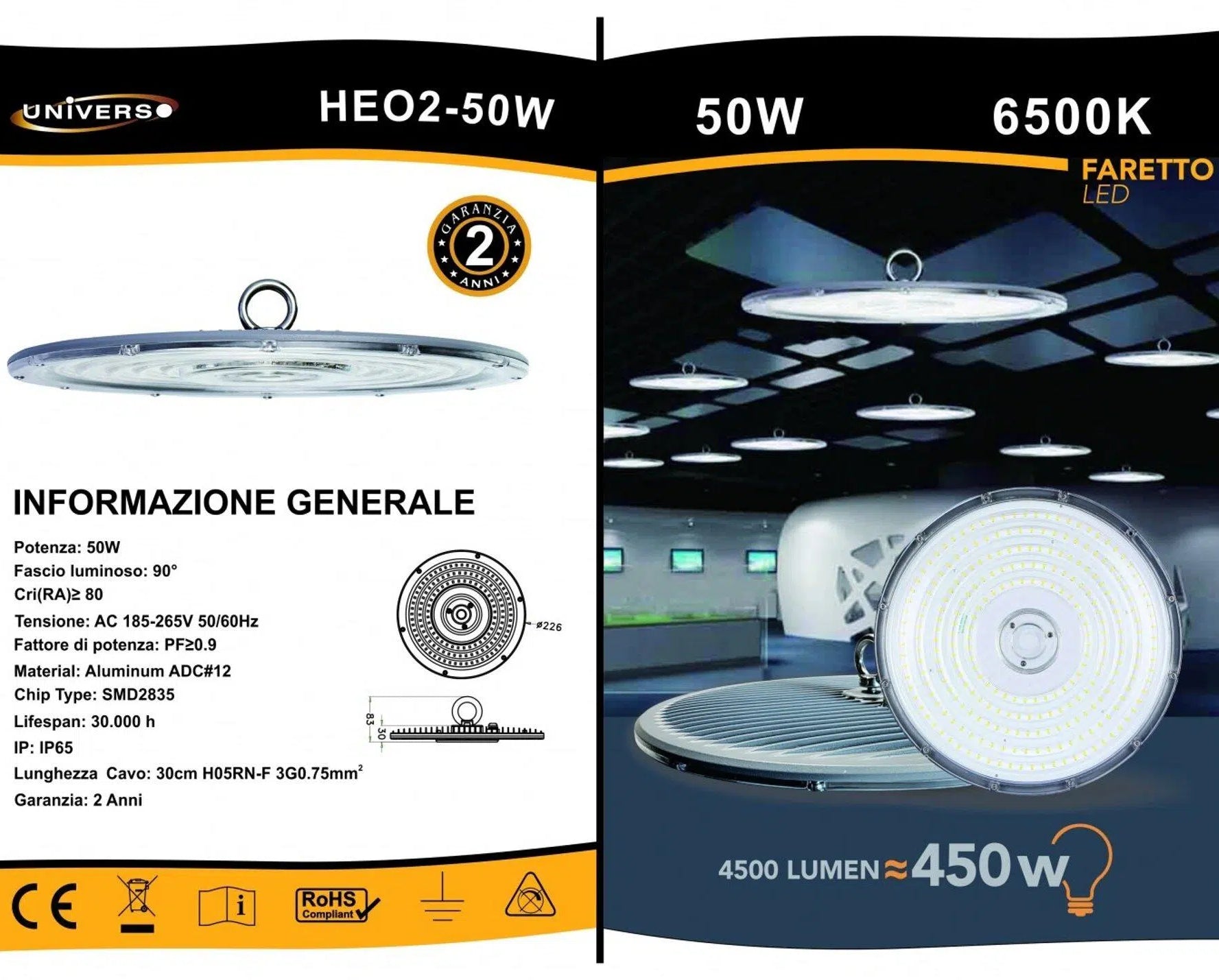 Campana LED UFO Lampada Industriale a Sospensione Ultra Slim 50W – da Esterno, IP65, 4.500 Lumen, Driver Incorporato