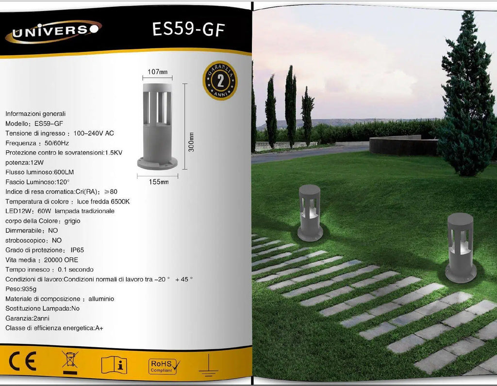 Lampada LED da Giardino con Fissaggio a Terra – 12W, Colore Grigio, 600 Lumen, IP65, Altezza 30 cm