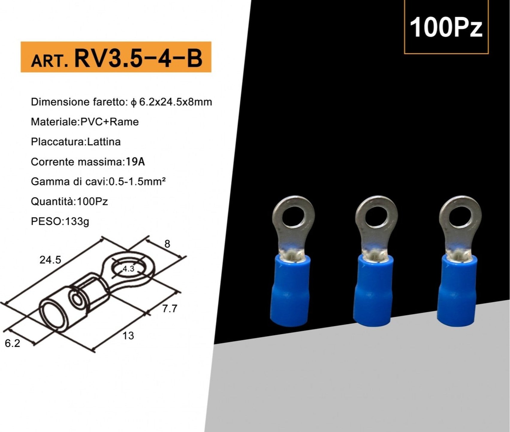 Confezione da 100 Pezzi – Capicorda Terminale ad Occhiello Isolato per Cavi da 1,5 mm² a 2,5 mm² – Foro M4