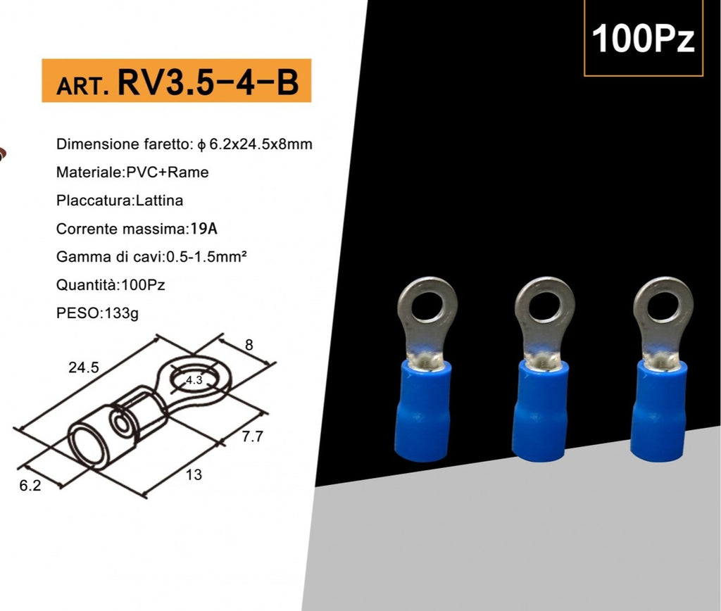 Confezione da 100 Pezzi – Capicorda Terminale ad Occhiello Isolato per Cavi da 2,5 mm² a 4 mm² – Foro M4