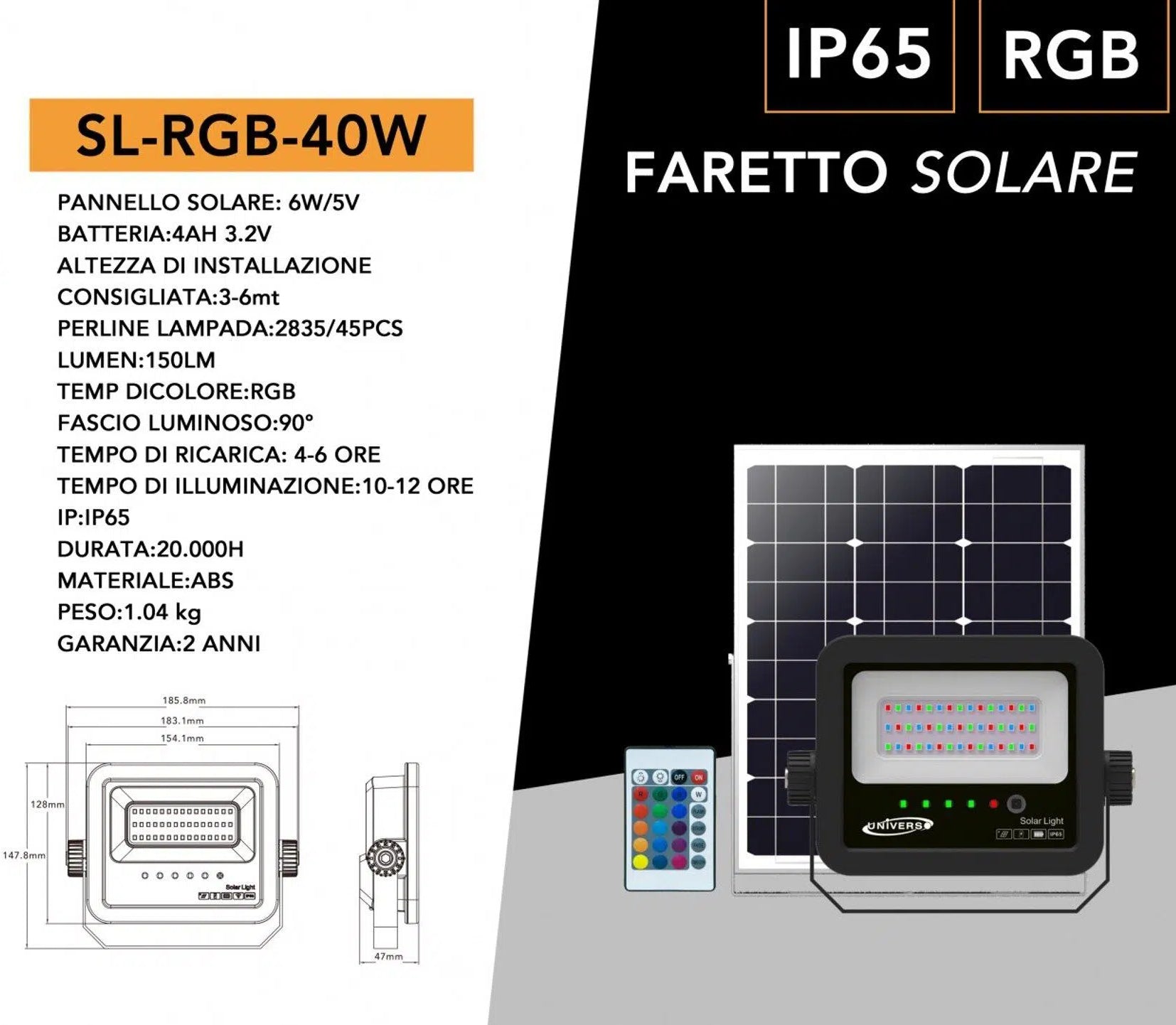 Proiettore LED RGB Multicolore UNIVERSO SL-RGB-40W | Pannello Solare e Telecomando IP65