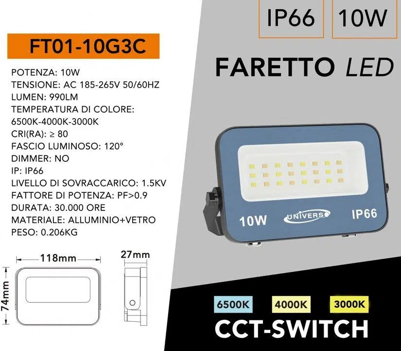 Proiettore LED Ultra Slim SMD UNIVERSO FT01-10G3C 10W | CCT Selezionabile IP66