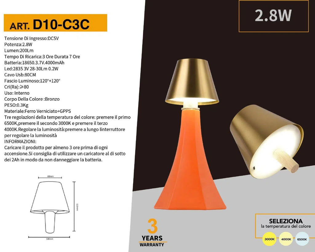 Lampada LED Ricaricabile da Tavolo per Bottiglie Universo D10-C3C – Colore Luce Selezionabile CCT 3in1 (3000K/4000K/6500K)