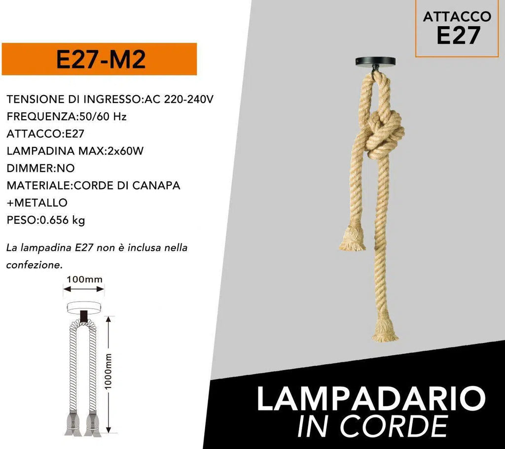 Lampadario in Corda Doppio con Portalampada per Lampadine Attacco E27 – Lunghezza 2 Metri