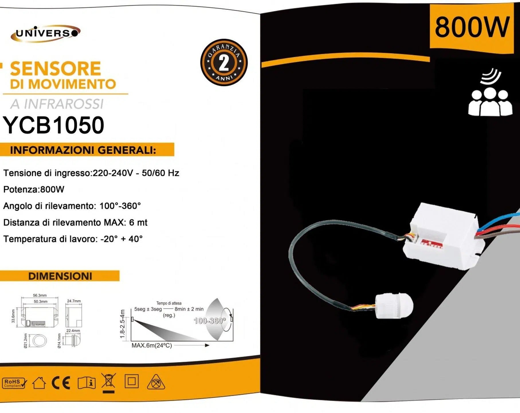 UNIVERSO YCB1050 sensore di movimento a infrarossi per lampade LED fino a 800W, IP20, ideale per illuminazione automatica interna in casa, corridoi e garage
