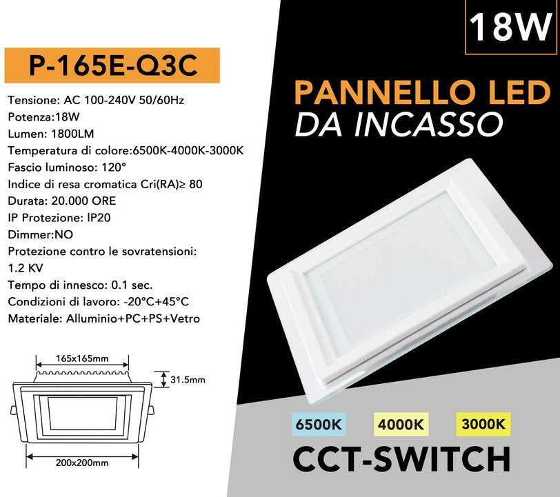 Pannello LED Slim Quadrato in Vetro 18W 1800 Lumen | CCT Regolabile 3000K-4000K-6500K