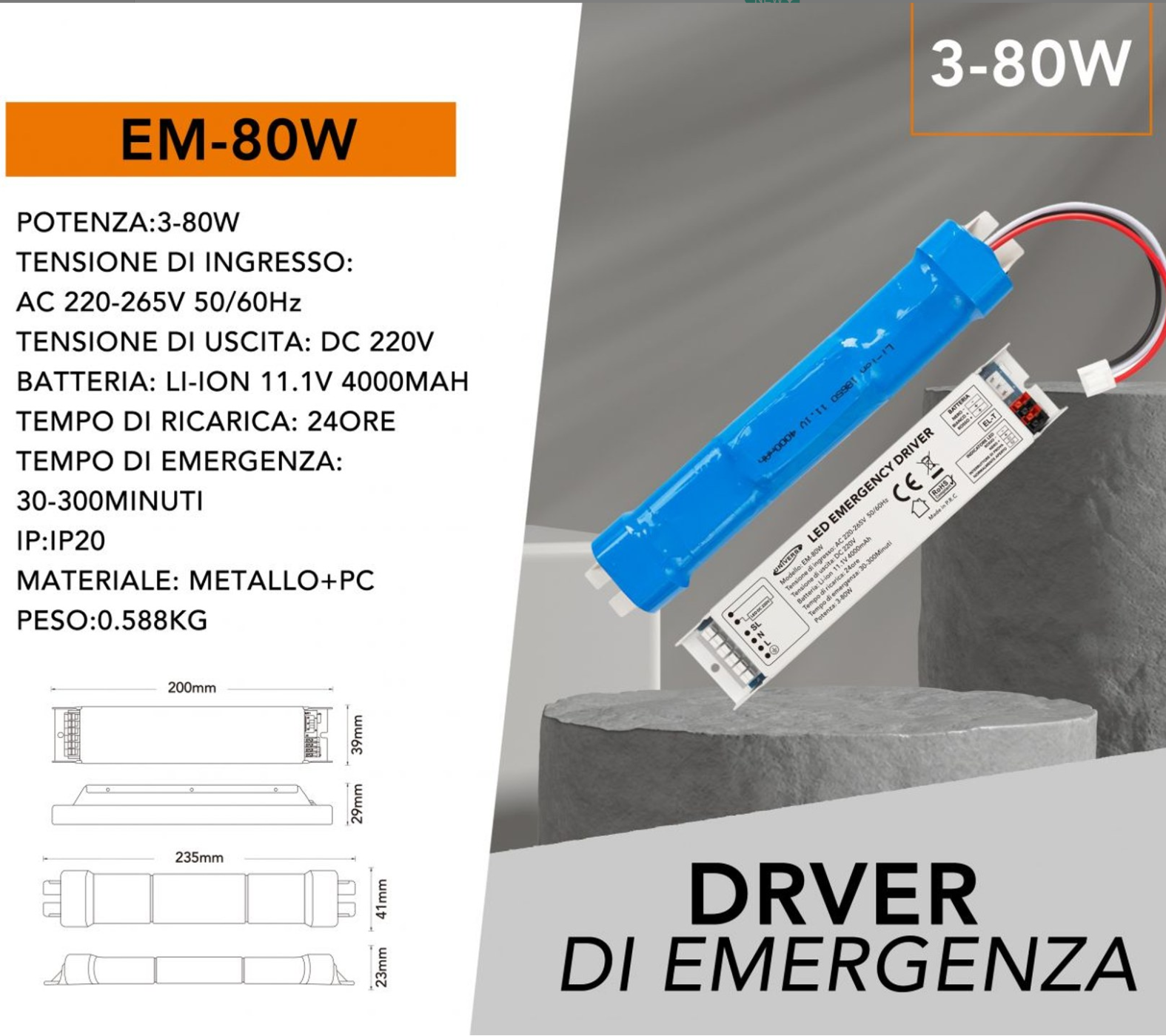 Driver di Emergenza Universale EM-80W per LED 3W-80W | Autonomia 300 Min | Uscita DC 220V