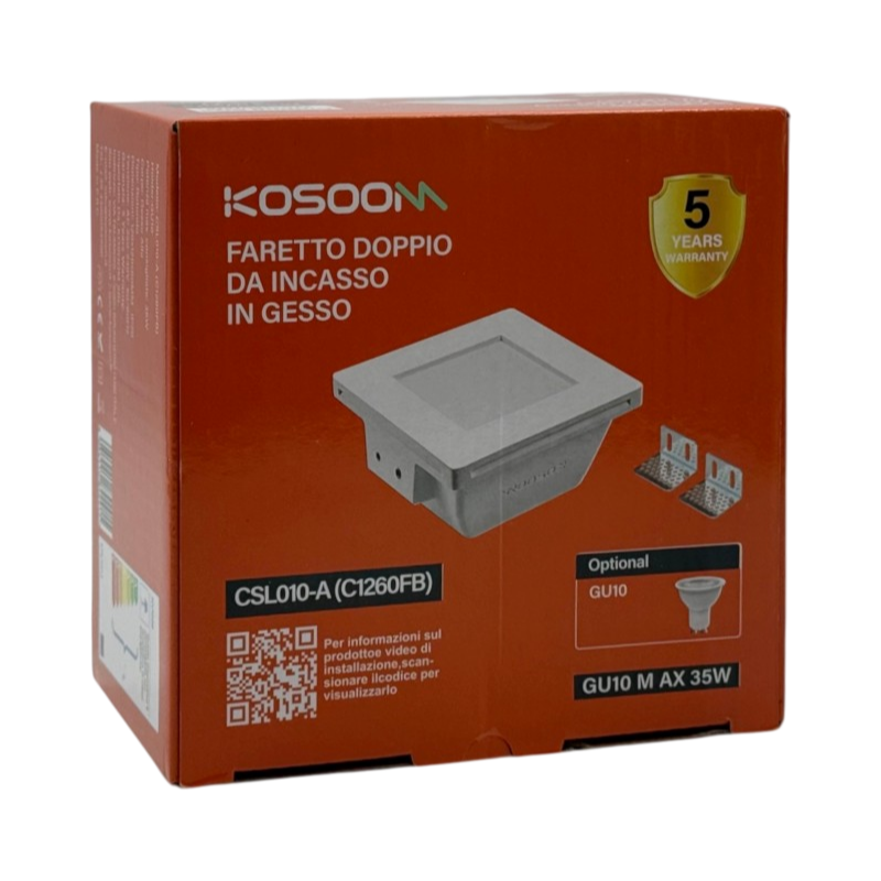Portafaretto Quadrato da Incasso in Gesso KOSOOM C1245FB | Copertura in Vetro Opaca Verniciabile per Lampadine GU10/MR16