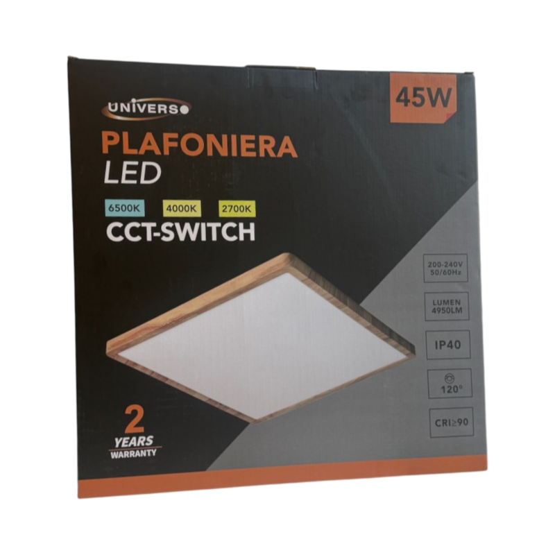 Plafoniera Ultra Slim Quadrata Legno UNIVERSO PQ-450-L3C 45W | CCT 3in1 IP40