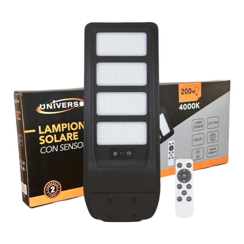 Lampione Stradale LED Solare UNIVERSO TR-200W-N | 200W Equivalenti con Pannello Fotovoltaico e Sensore Movimento IP65 2000 Lumen