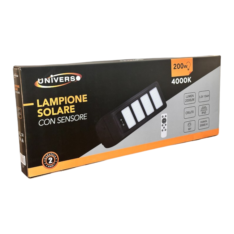 Lampione Stradale LED Solare UNIVERSO TR-200W-N | 200W Equivalenti con Pannello Fotovoltaico e Sensore Movimento IP65 2000 Lumen