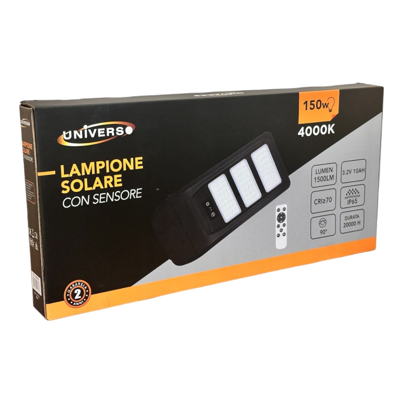 Lampione Stradale LED Solare UNIVERSO TR-150W-N | 150W Equivalenti con Pannello Fotovoltaico e Sensore Movimento IP65 1500 Lumen