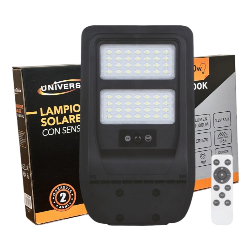 Lampione Stradale LED Solare UNIVERSO TR-100W-N | 100W Equivalenti con Pannello Fotovoltaico e Sensore Movimento IP65 1000 Lumen