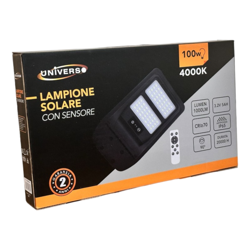 Lampione Stradale LED Solare UNIVERSO TR-100W-N | 100W Equivalenti con Pannello Fotovoltaico e Sensore Movimento IP65 1000 Lumen