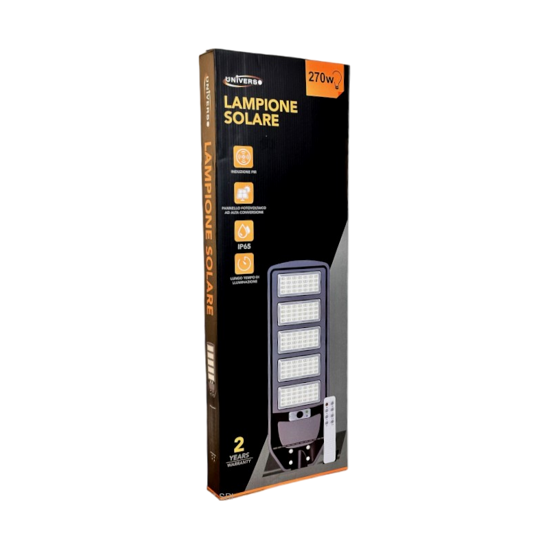 Lampione Stradale LED Solare UNIVERSO J02-270W-F | 270W Equivalenti con Pannello Fotovoltaico e Sensore Movimento IP65 2700 Lumen