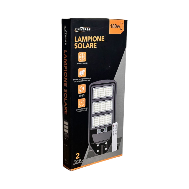 Lampione Stradale LED Solare UNIVERSO J02-180W-F | 180W Equivalenti con Pannello Fotovoltaico e Sensore Movimento IP65 1800 Lumen