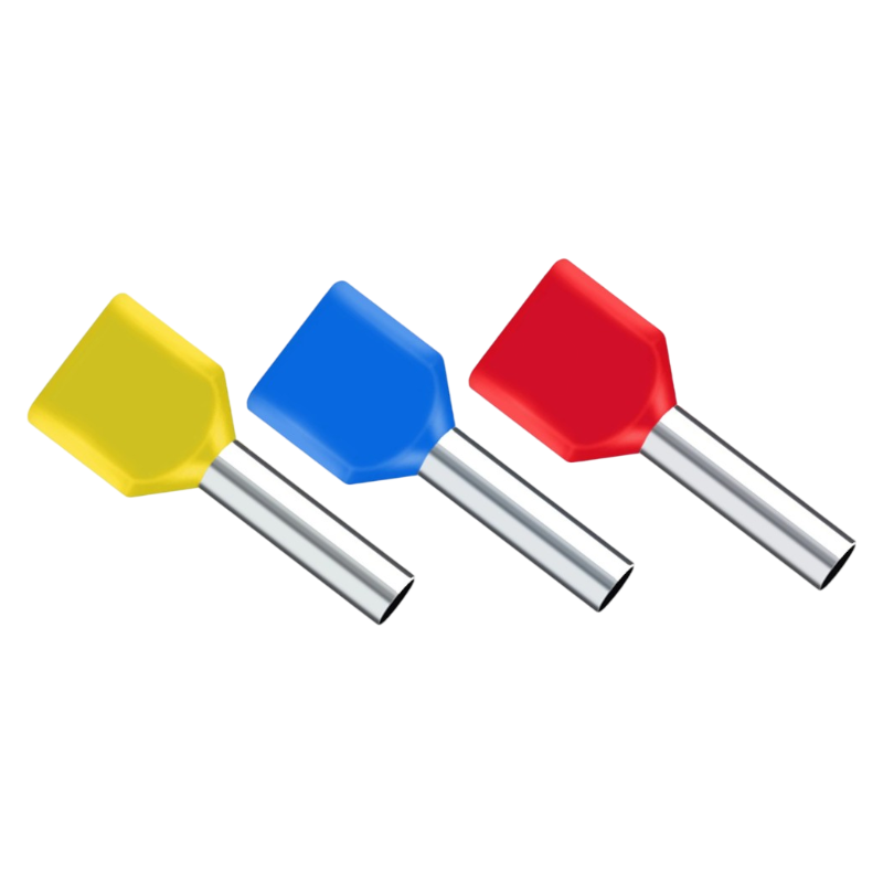 Confezione da 100 Pezzi – Tubetto Terminale Capicorda Isolato per 2 Cavi da 1,50 mm² – Terminale da 8 mm – Colori Giallo, Rosso, Blu