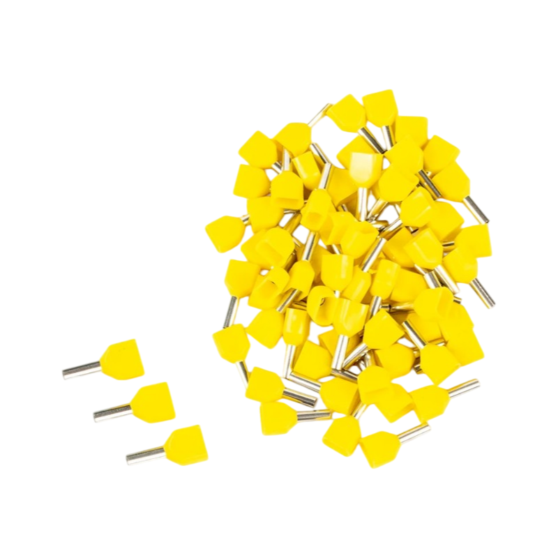 Confezione da 100 Pezzi – Tubetto Terminale Capicorda Isolato per 2 Cavi da 2,50 mm² – Terminale da 10 mm – Colori Giallo, Rosso, Blu