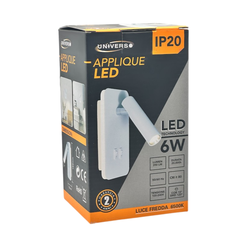 Lampada LED da Parete Universo E20-B – Doppia Sorgente 6W, Applique Orientabile, Colore Bianco, CCT 3000K/4000K/6500K
