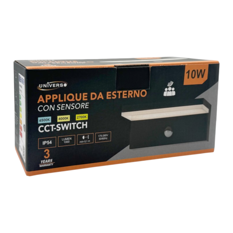 Applique LED da Muro Nera 10W SMD con Sensore PIR di Movimento – CCT 3in1, IP54 per Esterno