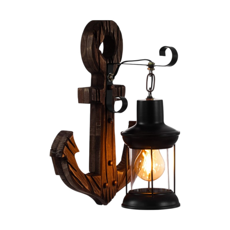 Applique Vintage Country Retro da Parete Universo – A Forma di Lanterna in Metallo e Ancora in Legno con Portalampada per Lampadine E27