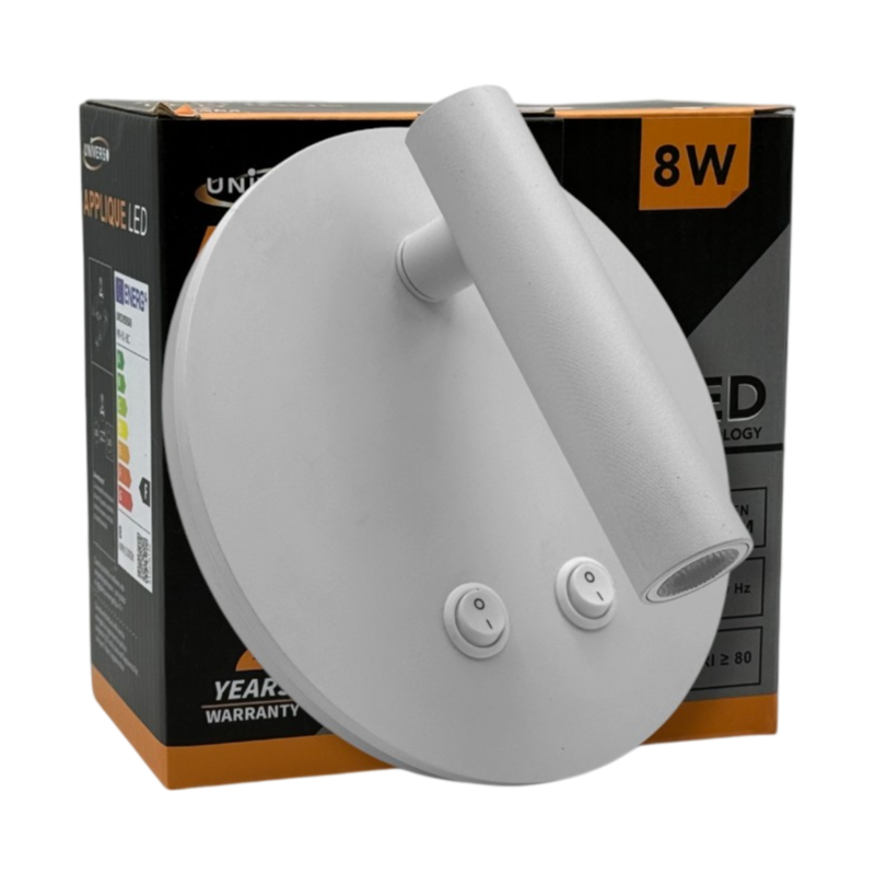 Lampada Applique LED da Parete Universo MR-01-BC – Doppia Sorgente Luminosa Orientabile con Interruttori, Colore Bianco, Luce Calda 3000K