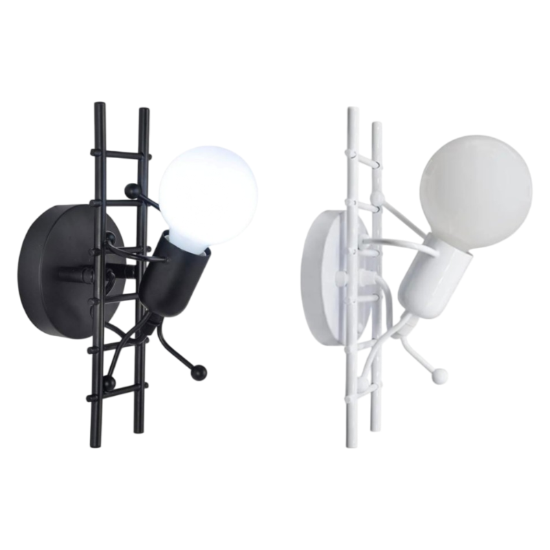 Applique Lampada da Parete Decorativa in Metallo con Attacco E27 – Forma Omino su Scala, Colore Bianco o Nero