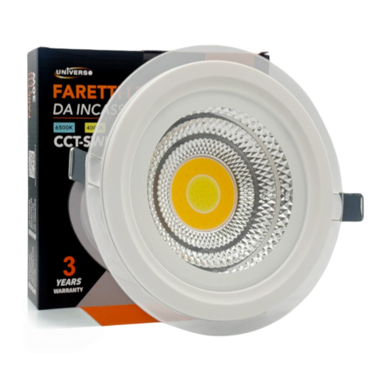 Faretto COB LED da Incasso Rotondo 30W – Colore Bianco, CCT Switch con Selezione Luce 3000K/4000K/6500K