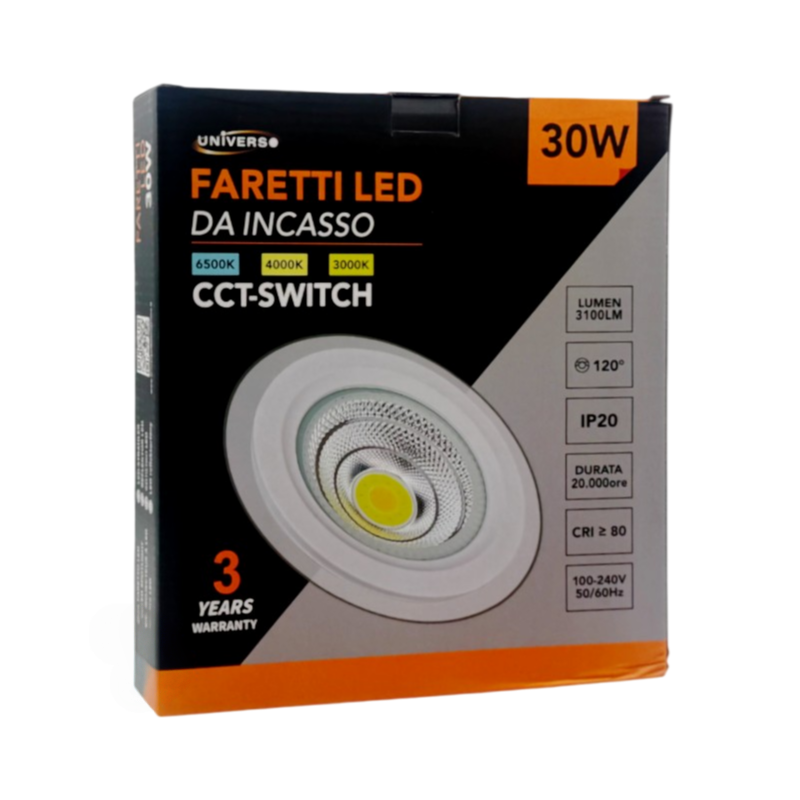 Faretto COB LED da Incasso Rotondo 30W – Colore Bianco, CCT Switch con Selezione Luce 3000K/4000K/6500K