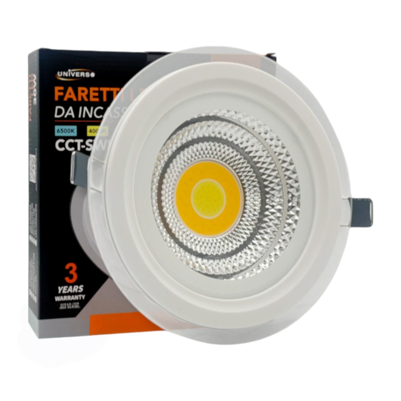 Faretto COB LED da Incasso Rotondo 18W – Colore Bianco, CCT Switch con Selezione Luce 3000K/4000K/6500K