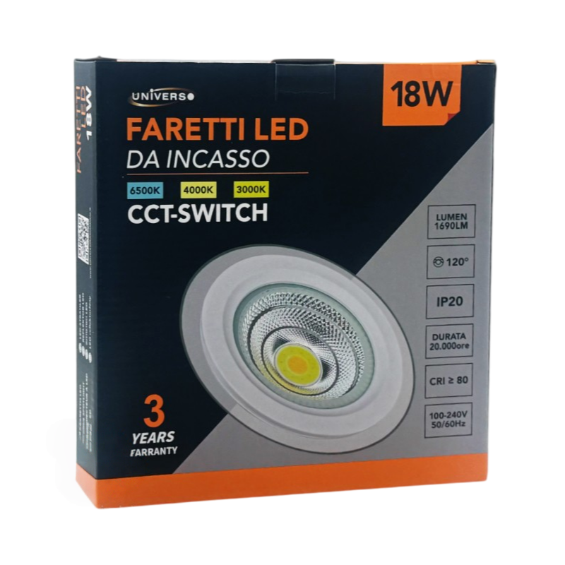 Faretto COB LED da Incasso Rotondo 18W – Colore Bianco, CCT Switch con Selezione Luce 3000K/4000K/6500K