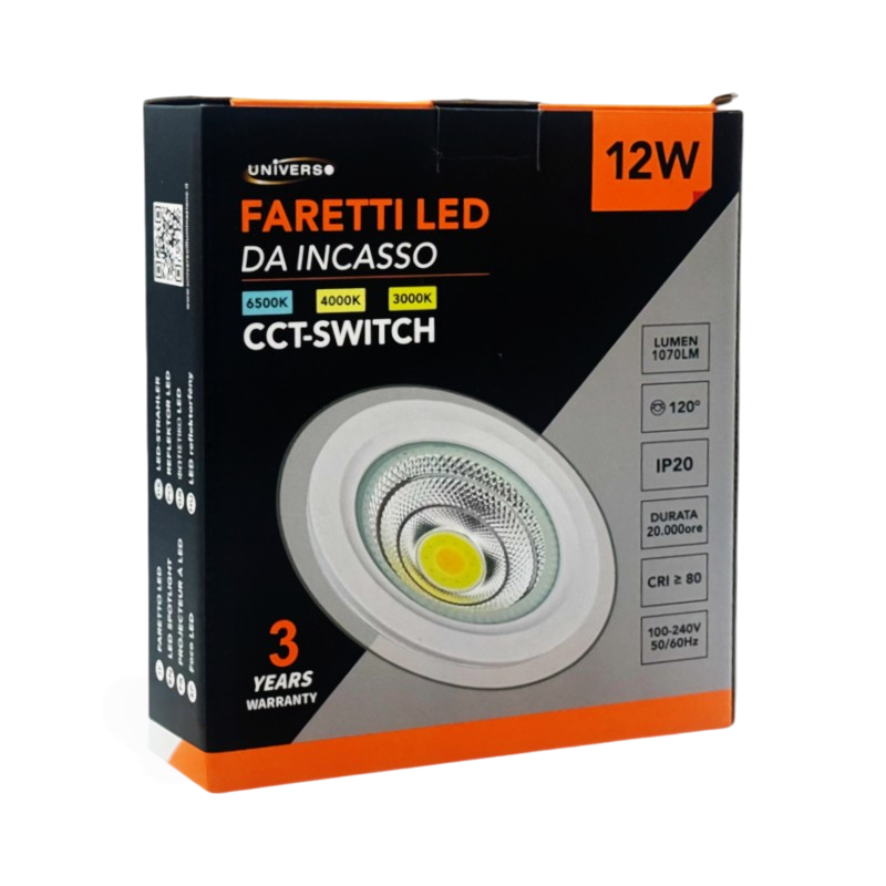 Faretto COB LED da Incasso Rotondo 12W – Colore Bianco, CCT Switch con Selezione Luce 3000K/4000K/6500K