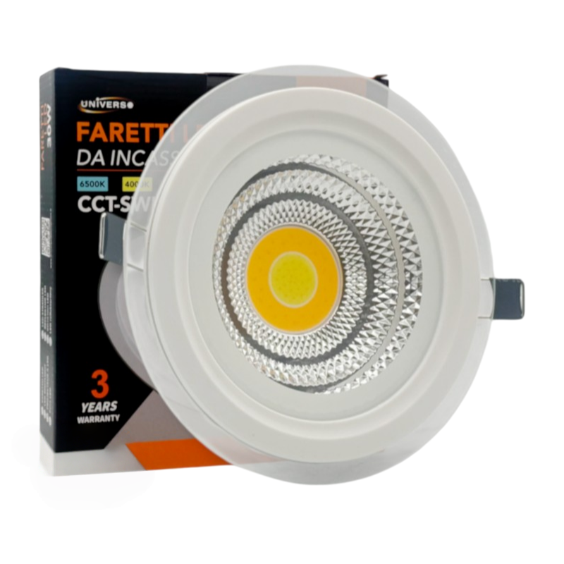 Faretto COB LED da Incasso Rotondo 7W – Colore Bianco, CCT Switch con Selezione Luce 3000K/4000K/6500K