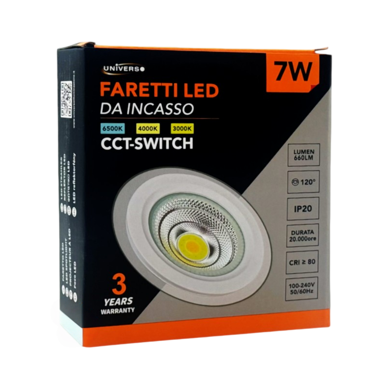 Faretto COB LED da Incasso Rotondo 7W – Colore Bianco, CCT Switch con Selezione Luce 3000K/4000K/6500K