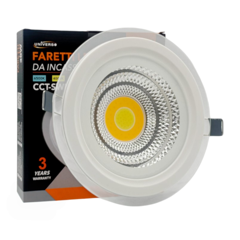 Faretto COB LED da Incasso Rotondo 5W – Colore Bianco, CCT Switch con Selezione Luce 3000K/4000K/6500K