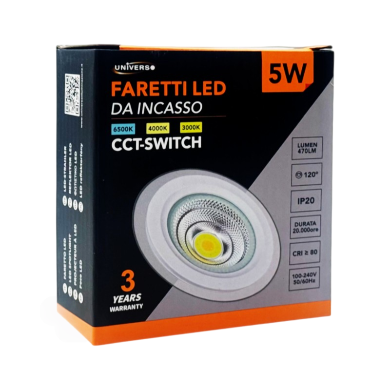 Faretto COB LED da Incasso Rotondo 5W – Colore Bianco, CCT Switch con Selezione Luce 3000K/4000K/6500K