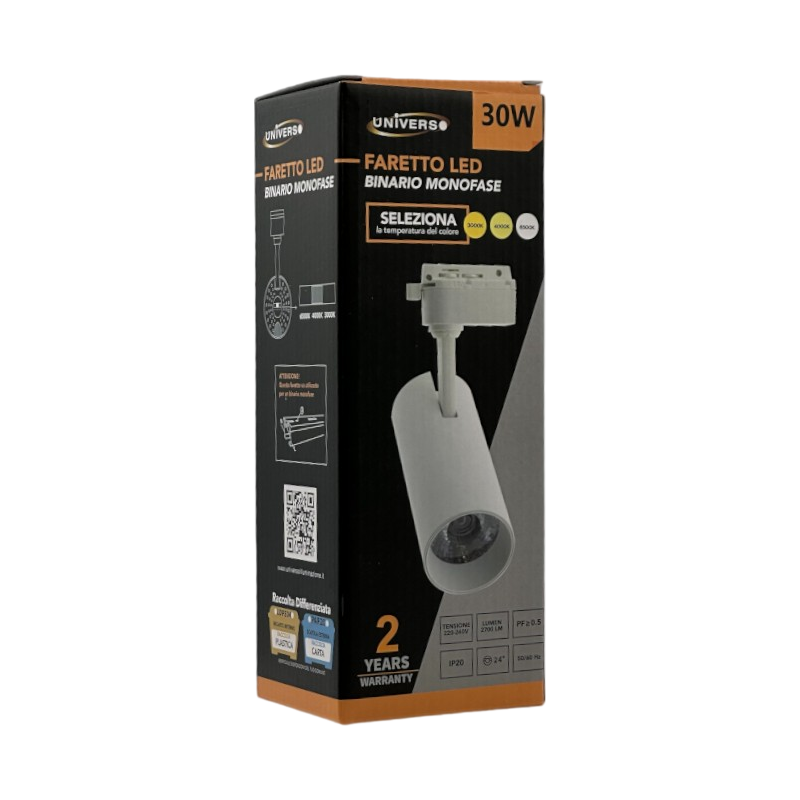 Faretto LED da Binario Monofase Universo SL-30W-B3C – 30W Track Light COB, 2700 Lumen, CCT 3in1