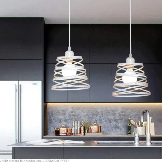 Lampadario Moderno a Sospensione – Paralume in Metallo Traforato a Vortice, Attacco E27, Colore Bianco, Nero o Tortora