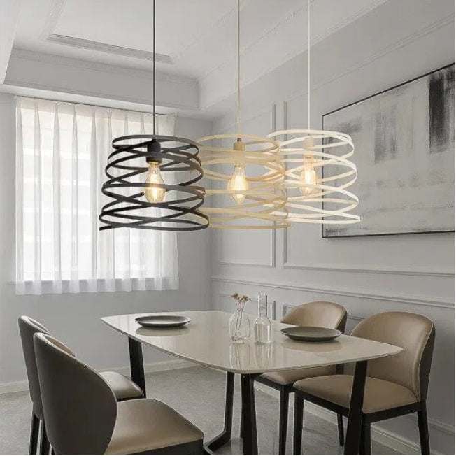 Lampadario Moderno a Sospensione – Paralume in Metallo Traforato a Vortice, Attacco E27, Colore Bianco, Nero o Tortora