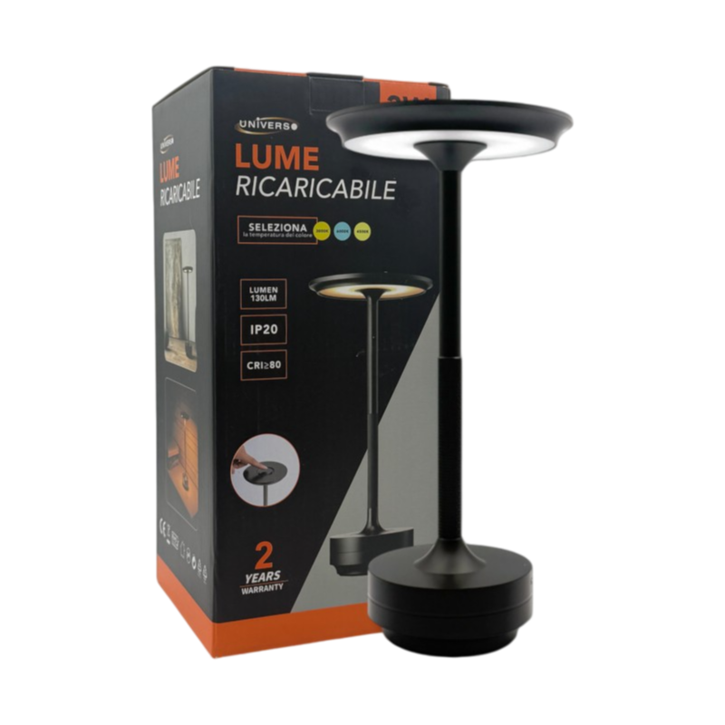 Lampada da Tavolo Portatile Universo D38-N3C – 3W con Ricarica USB, CCT Selezione Colore Luce (3000K/4000K/6500K)