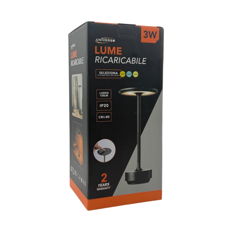 Lampada da Tavolo Portatile Universo D38-N3C – 3W con Ricarica USB, CCT Selezione Colore Luce (3000K/4000K/6500K)