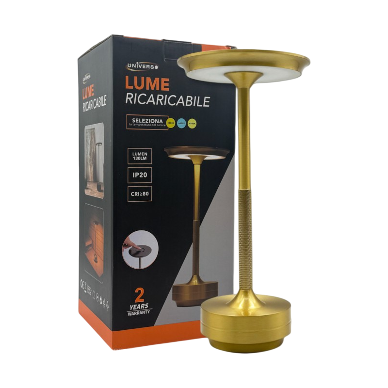 Lampada da Tavolo Portatile Universo D38-O3C – 3W con Ricarica USB, CCT Selezione Colore Luce (3000K/4500K/6000K), Finitura Oro