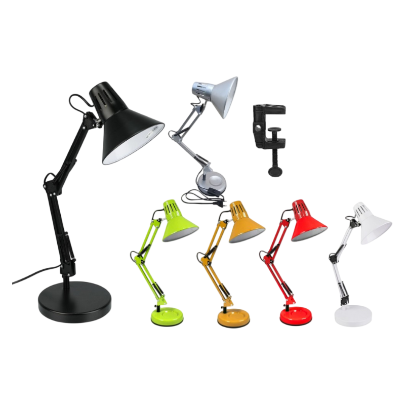 LAMPADA DA SCRIVANIA IN METALLO CON BRACCIO SNODABILE ED ORIENTABILE ATTACCO E27 COLORI ASSORTITI