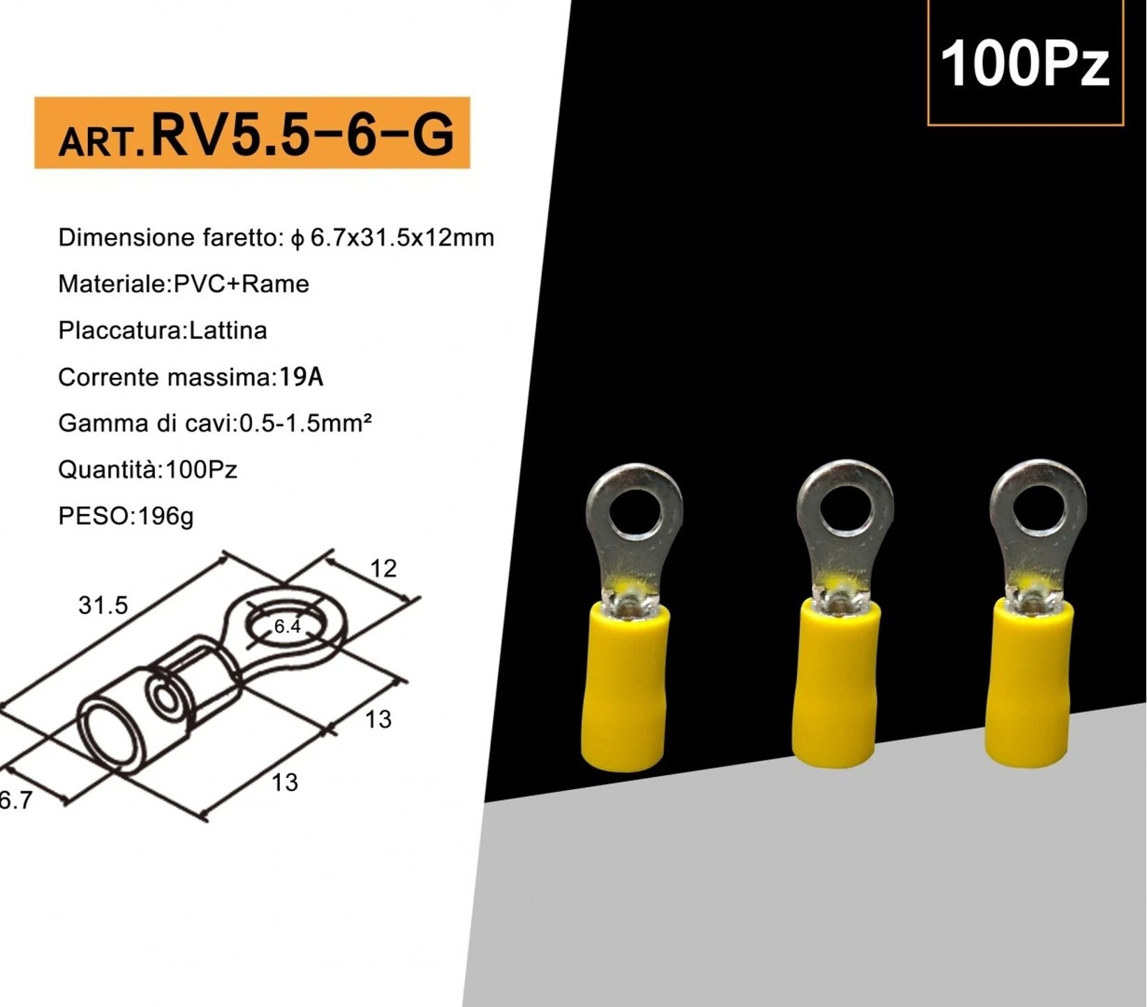 Confezione da 100 Pezzi – Capicorda Terminale ad Occhiello Isolato per Cavi da 4 mm² a 6 mm² – Foro M6