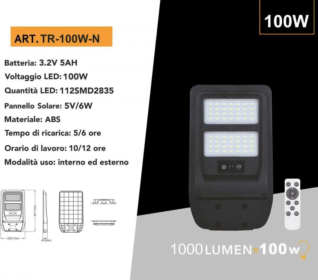 Lampione Stradale LED Solare UNIVERSO TR-100W-N | 100W Equivalenti con Pannello Fotovoltaico e Sensore Movimento IP65 1000 Lumen